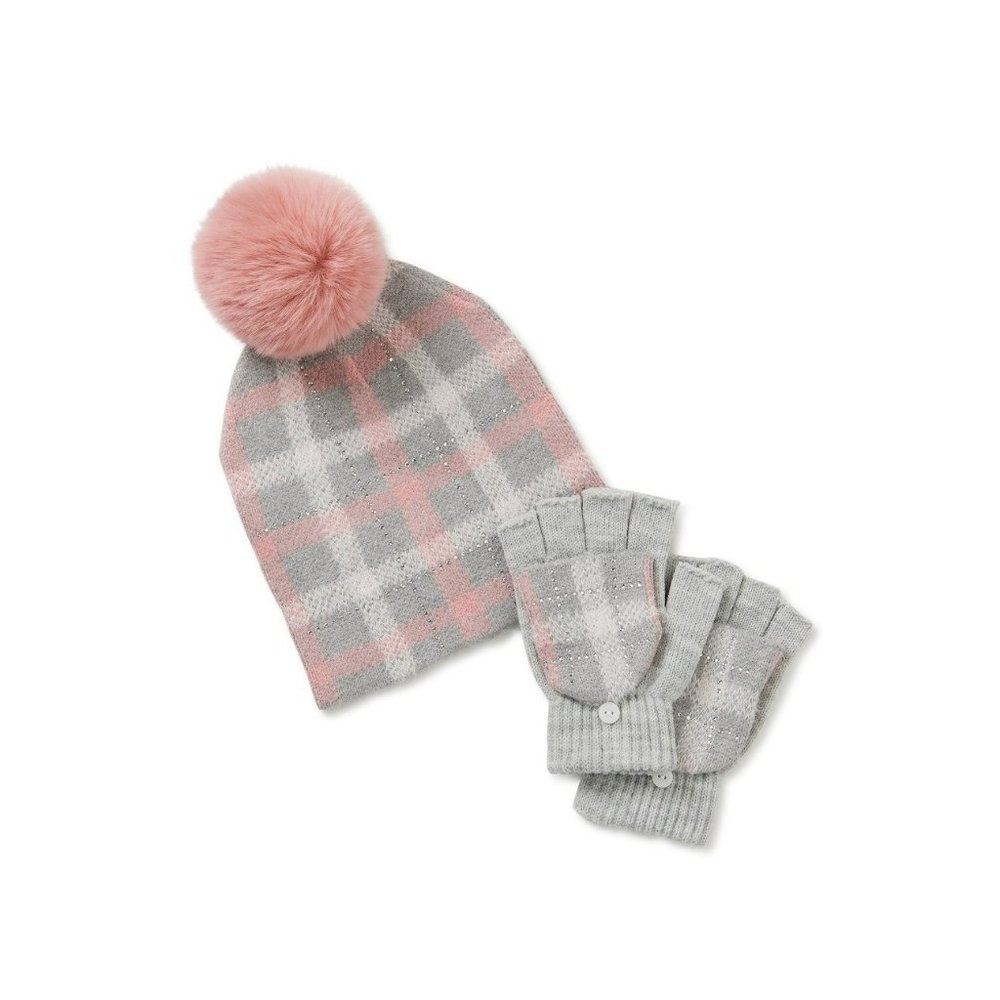 NWT Holiday Time Women Pink Gray Plaid Pom Pom Beanie Hat, Fingerless Gloves Set